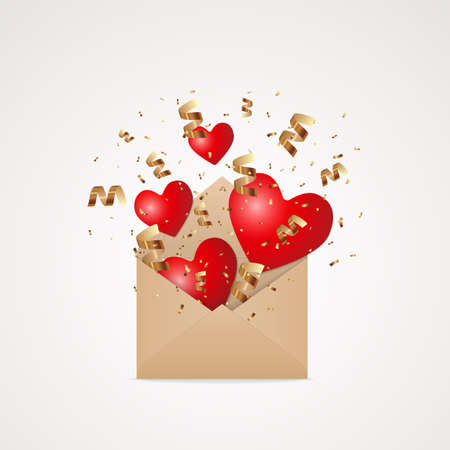 Open kraft brown paper envelope with flying and falling red hearts and golden glitter confetti explosion, festive stock vector illustration design element isolated on white backgroundのイラスト素材