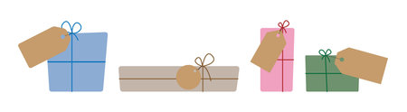 closed gift boxes with ribbon, bow and kraft brown paper label tag in flat style, holiday stock vector illustration clipart set, festive design element isolated on white backgroundのイラスト素材