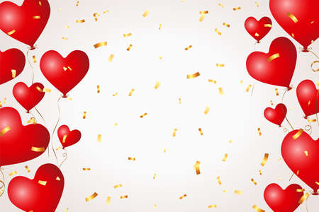 realistic 3d matt red flying heart balloons with golden ribbon and falling gold colored confetti, stock vector illustration layout, design element for header banner, poster, card designのイラスト素材