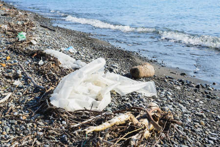 crumpled plastic polyethylene oilcloth, garbage, junk, litter, broken tree branches on pebble shore beach, environmental protection concept, horizontal lifestyle stock photo image backgroundの写真素材
