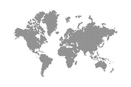 dotted blank world global map continents and oceans silhouette in black color with small round spots and circle dots, stock vector illustration clip-art, design element isolated on white backgroundのイラスト素材