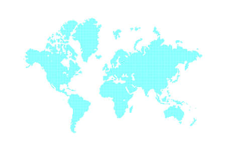 mosaic dotted blank world global map continents and oceans silhouette in blue color with small squares, pixels, stock digital vector illustration clip-art, design element isolated on white backgroundのイラスト素材