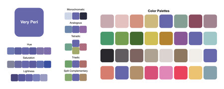 Very Peri colors infographics, color of the Year 2021, hue, saturation, lightness, color wheel sample swatch palettes, stock vector illustrationのイラスト素材