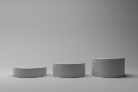 Modern Platform stand podium display on white room background. 
for empty product shelf or exhibition stage backdrop 3D rendering.の写真素材