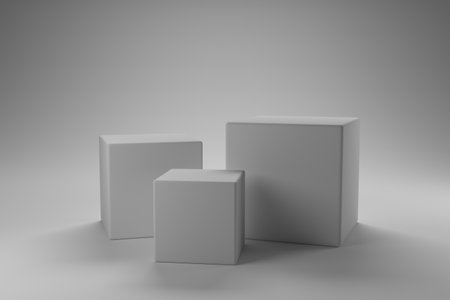 Modern Platform stand podium display on white room background. 
for empty product shelf or exhibition stage backdrop 3D rendering.の写真素材