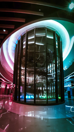 Interior of a modern shopping mall, night view of the building