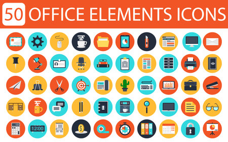 Modern flat icons collection of business elements, office equipment and marketing items. Isolated on white background.のイラスト素材