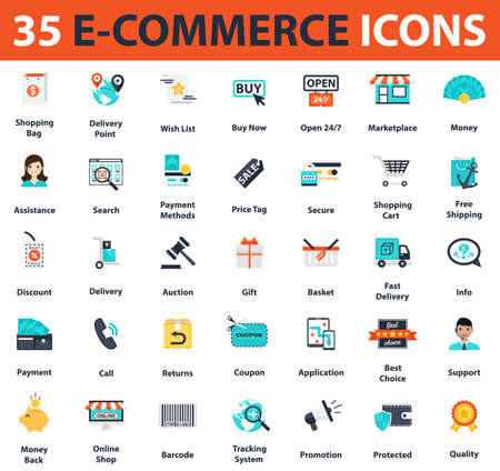 Set of flat design icons for E-commerce,Business and Social media marketing.35 Web Icons.Set of flat E-commerce icons.のイラスト素材