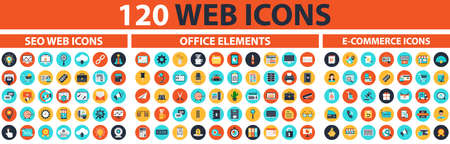 SEO E-Commerce Office Business Set Web Icons .SEO and development, creative process, business and finance, office and business, security and protection, shopping and commerce.のイラスト素材