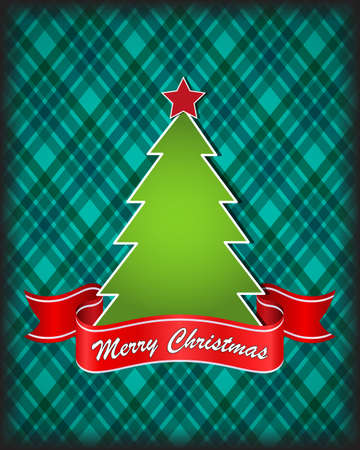 Merry Christmas Greeting Card. Christmas Tree on green background with red ribbon and lettering.のイラスト素材