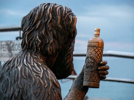Monkey looks at the bottle of anis vodkaのeditorial素材