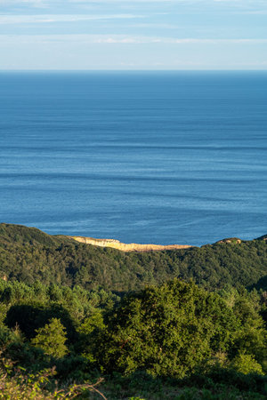 Beautiful vertical view of blue sky, sea and green trees at the coastline. Irun, Basque Country,...