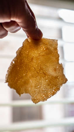 A hand holding a piece of pancake in the air. The pancake is covered with small holes and glows in the light. Cooking at homeの写真素材