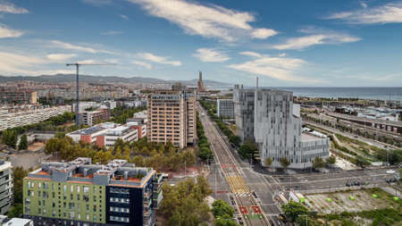 Aerial view of Forum area, Diagonal Mar district, sea, port and avenue of Eduard Maristany in Barcelona, Spain.の写真素材