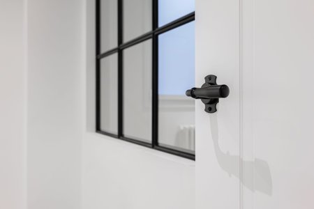 Stylish black door handle in white modern apartment or office. Architecture detail. Selective focus.