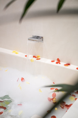Rose petals put in bathtub with foam for romantic bathroom atmosphere. View through green leaves of...