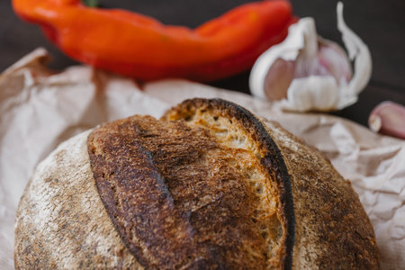 Crusty sourdough round bread crust made of whole grain in craft package with fresh vegetables at the...