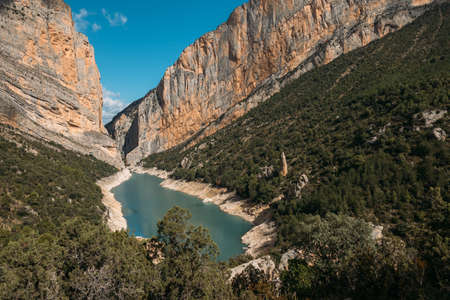 Beautiful landscape of gorge with lake and forest. Congost de Mont Rebei, Catalonia, Spain.の写真素材