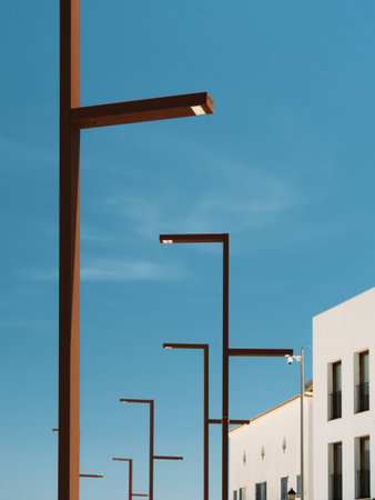 Modern street lampposts at Ibiza. Metal lanterns designed for urban lighting.の写真素材
