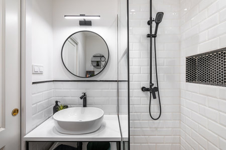 Modern bathroom in black and white style with high-quality expensive fittings. White brick walls and...