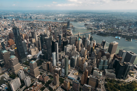 Aerial view of New York City skyline with skyscrapers and riversの写真素材