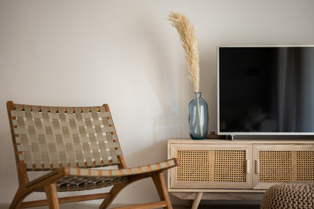 A Modern Scandinavian Living Room Setup Featuring Stylish Decor Elements and Accessoriesの写真素材