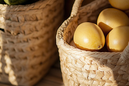 Close-up of bright yellow grapefruits arranged in natural woven baskets under sunlightの素材