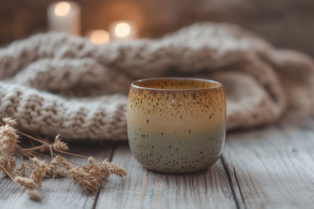 Artisan pottery cup on rustic table surrounded by soft decor and warm lightingの素材