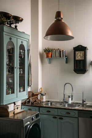 Vintage kitchen with pastel cabinets, a copper lamp, and antique decor elementsの写真素材
