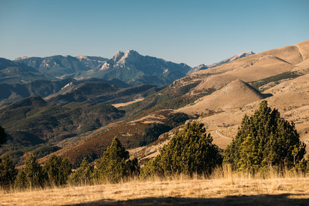 Sharp peaks of the Pyrenees rising above rolling foothills with sparse trees and winding roadsの写真素材