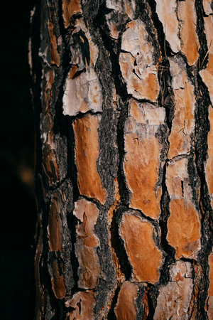 Close-up of pine tree bark showing textured layers in natural warm brown and orange shadesの写真素材