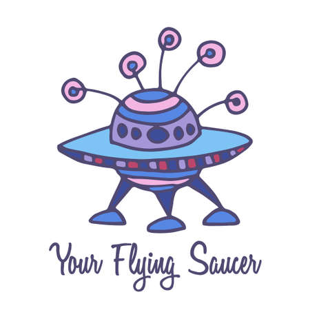 UFO flying sauser logo. Hand drawn full color brand sign