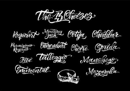 Hand drawn different type of cheese set. Vector organic food calligraphy. Vintage lettering design.のイラスト素材