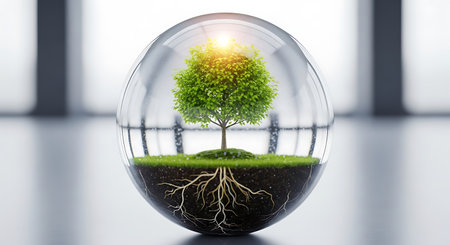 Ecology concept with green tree in glass sphere. 3d renderingの素材