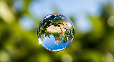 Planet earth in a lensball against the background of green leaves.の素材