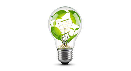 Light bulb with green plant inside isolated on white background. 3D rendering.の素材