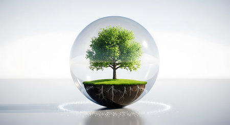 Green tree inside glass sphere on white background. 3D rendering.の素材