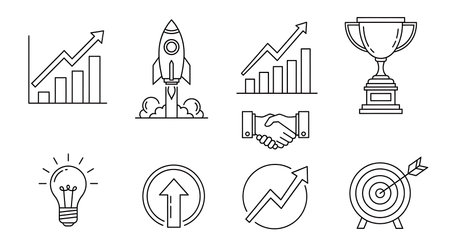 This monochrome business success icon set features outline illustrations of graph rocket launch handshake trophy idea light bulb upward arrow growth chart target aim for business and development concept suitable for presentation design printables web resources marketing materials posters and infographics symbolizing growth goal achievement brainstorming collaboration and vision.の素材