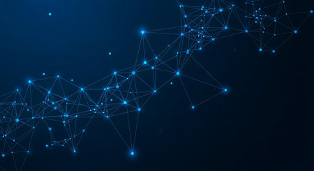 Abstract digital network connection background featuring a technology system with glowing nodes and interconnected lines. Visualizes data communication, innovation, and complex system designs on a dark blue backdrop. Highlights the structure of networked systems and digital technologies. Suitable for technology, science, and modern communication.の素材