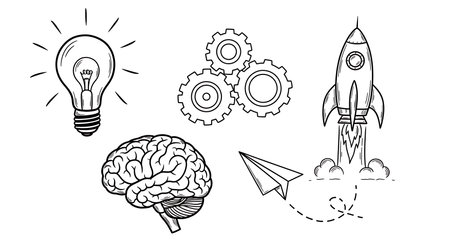 Lightbulb, gears, brain, paper airplane and rocket ship illustrates innovation and creativity. Represents concepts for startup, invention, problem solving, idea generation, and creative thinking. Visualizes the power of brainstorming and implementing innovative solutions for success.の素材