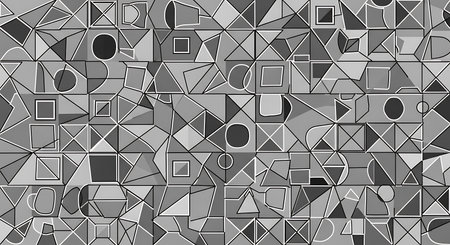 Seamless geometric pattern featuring various abstract shapes arranged in grid layout. This design incorporates triangles, squares, circles, and lines creating modern tile texture perfect for graphic art and creative backgrounds. Versatile monochrome illustration ideal for adding contemporary touch to any project.の素材