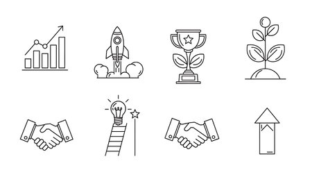 Collection of linear business icons illustrating growth startup success collaboration. Minimal outline style symbols include bar graph rocket trophy plant handshake bulb and upward arrow. Perfect for conveying ideas of progress innovation reward teamwork and business goals.の素材