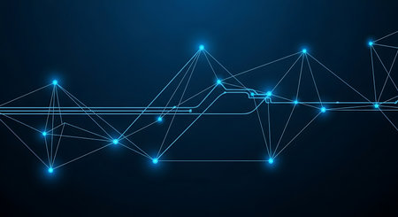 Abstract technology background featuring network connection and glowing blue dots linked lines. Represents digital communication concept and data connection for visualizing network infrastructure. Ideal for illustrating information exchange systems and innovative technological solutions.の素材