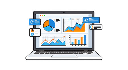 Laptop displaying detailed business data analysis represented through diverse charts and graphs showcasing key performance indicators insights for effective strategic decision making and performance evaluation in modern corporate environments. Dashboard on laptop with pie chart, line graph, and bar chart for performance review in strategy analysis.の素材