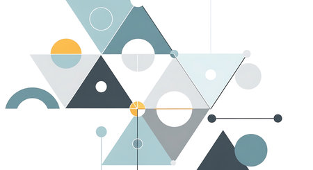 Geometric abstract composition featuring triangles circles and lines. Modern minimalist design uses pastel tones creating aesthetic appealing for backgrounds wall art or creative projects. Perfect for conveying a sense of modern art, design sophistication and abstract creativity. Isolated on white background.の素材