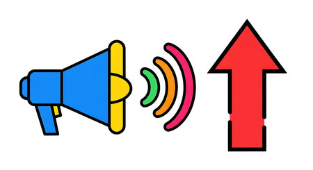Vibrant communication icons showcasing megaphone sound and upward arrow designed for advertising promotion announcement direction and growth. Use to represent promotion direction advancement on white background. Ideal for advertising, marketing, business presentation and digital resources highlighting message. Ideal for highlighting messages.の素材