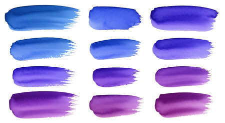 Watercolor brush stroke collection consisting of gradient set of colorful paint swashes. Features blue and purple tones creating artistic textures ideal as backgrounds. Excellent for enhancing creative graphic design projects by adding a hand-painted or watercolor look.の素材