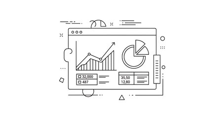 Minimalist outline illustration of a data analytics dashboard displaying growth charts and financial reporting. Depicts data visualization, business strategy, financial analysis, and technology infrastructure. Ideal for presentations, website designs, and data-driven documents.の素材