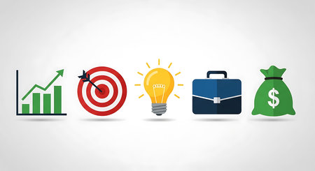 Business objectives and investments displayed with growth chart target, idea bulb, briefcase, and money bag promoting financial success and business growth. Icons for business goals.の素材