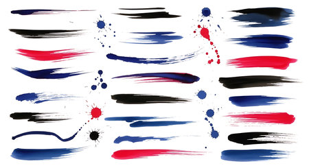 Vibrant paint stroke collection featuring acrylic brush marks watercolor strokes assortment. Includes black blue and red lines artistic splatters and diverse brushstroke elements. Ideal for creative design projects various artistic applications and adding colorful accents to digital and print media diverse range of design elements for unique effects.の素材